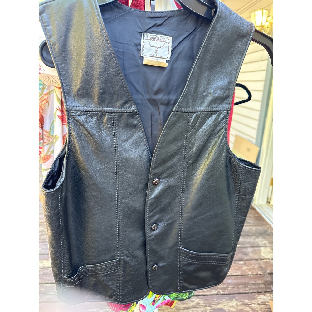 Steer Brand Vintage Black Leather Vest Womens Small Made in USA Western Biker